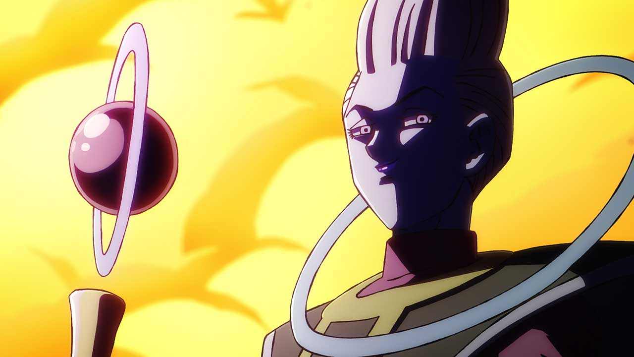 Whis com seu cajado, em imagem do primeiro episódio de Dragon Ball Super: Beerus